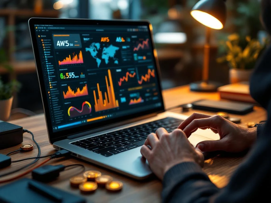 Laptop displaying colorful data visualization charts with AWS service tokens and cables on wooden desk workspace