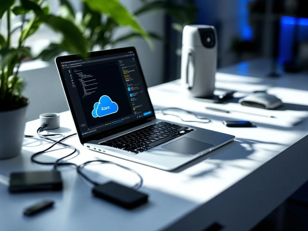 Modern workstation with laptop displaying Azure cloud interface surrounded by data extraction tools on white desk