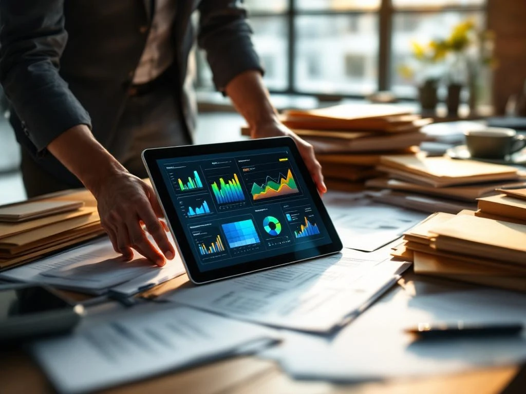 Professional hands reaching for tablet displaying colorful data charts on modern office desk with organized documents