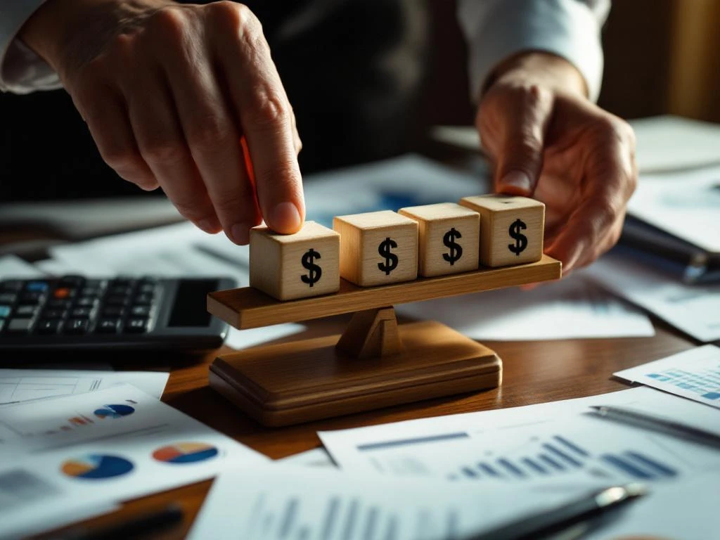 Businessman placing wooden dollar sign blocks on balance scale with financial charts and calculator on desk