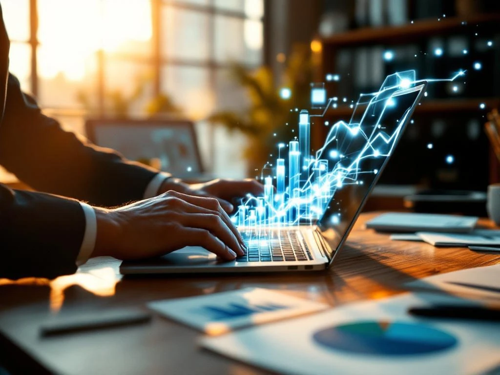 Businessman's hands extracting glowing data streams from laptop into filing cabinets on modern office desk
