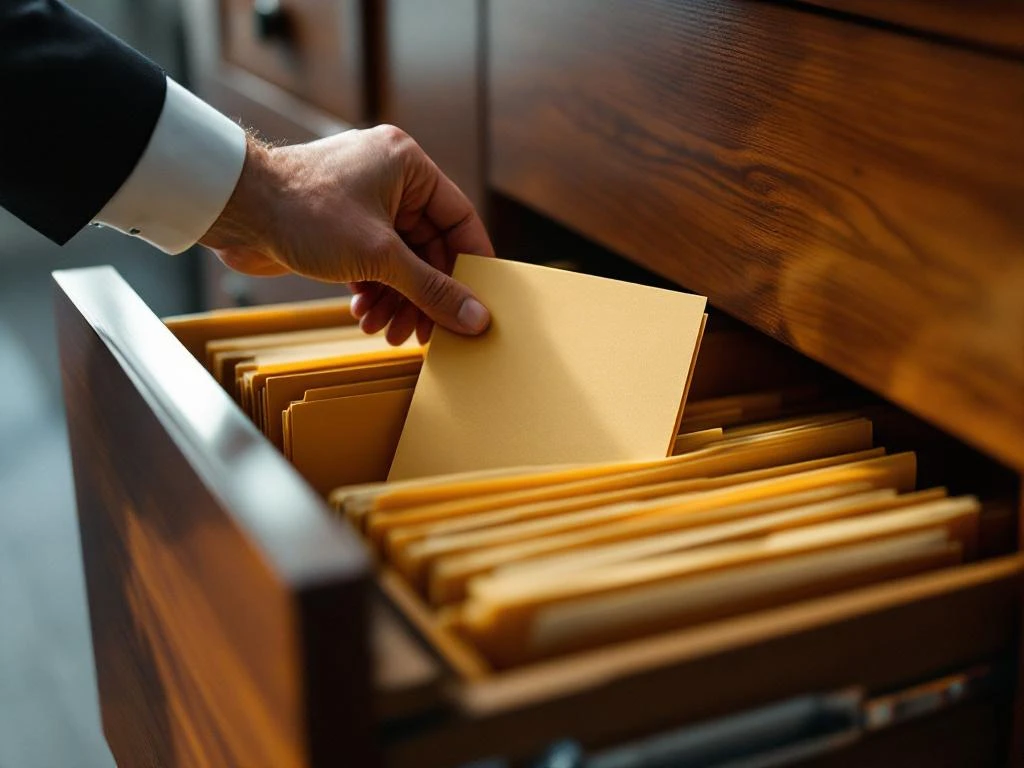 Businessman's hand selecting golden data file from organized filing cabinet drawer in professional office workspace
