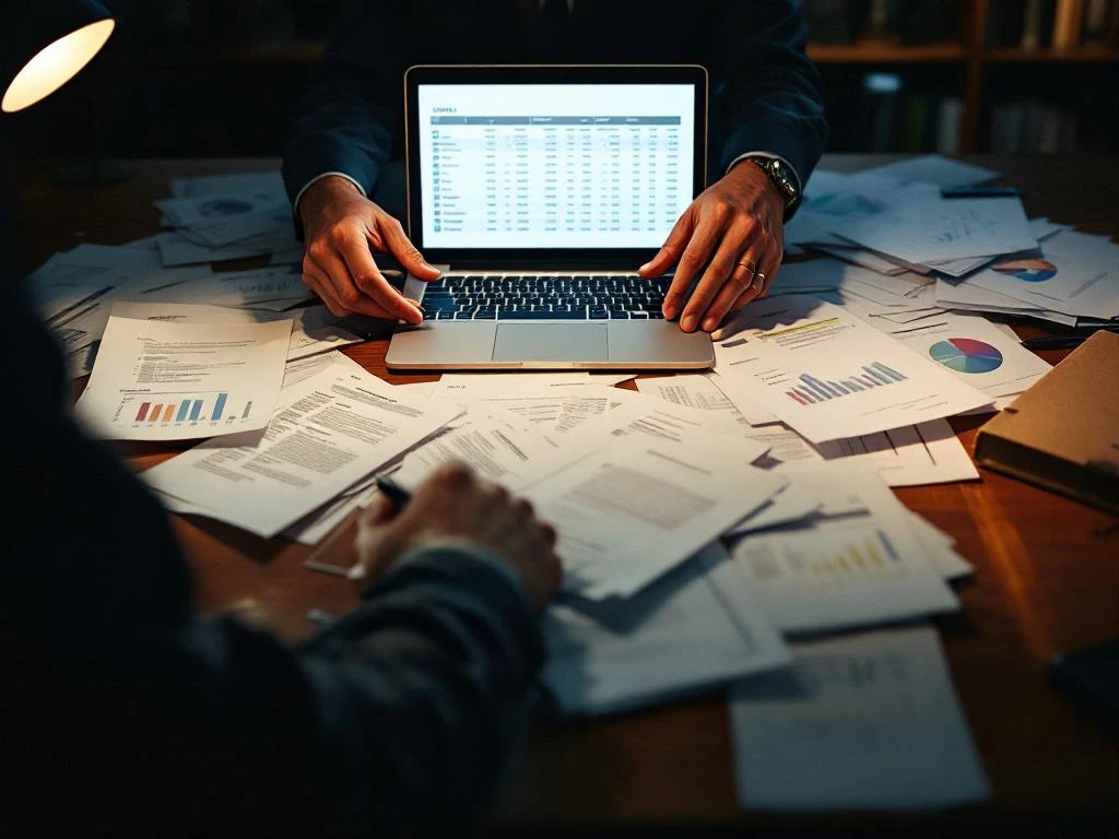 Businessman organizing paper documents into digital folders on laptop at mahogany desk under warm lamp lighting.