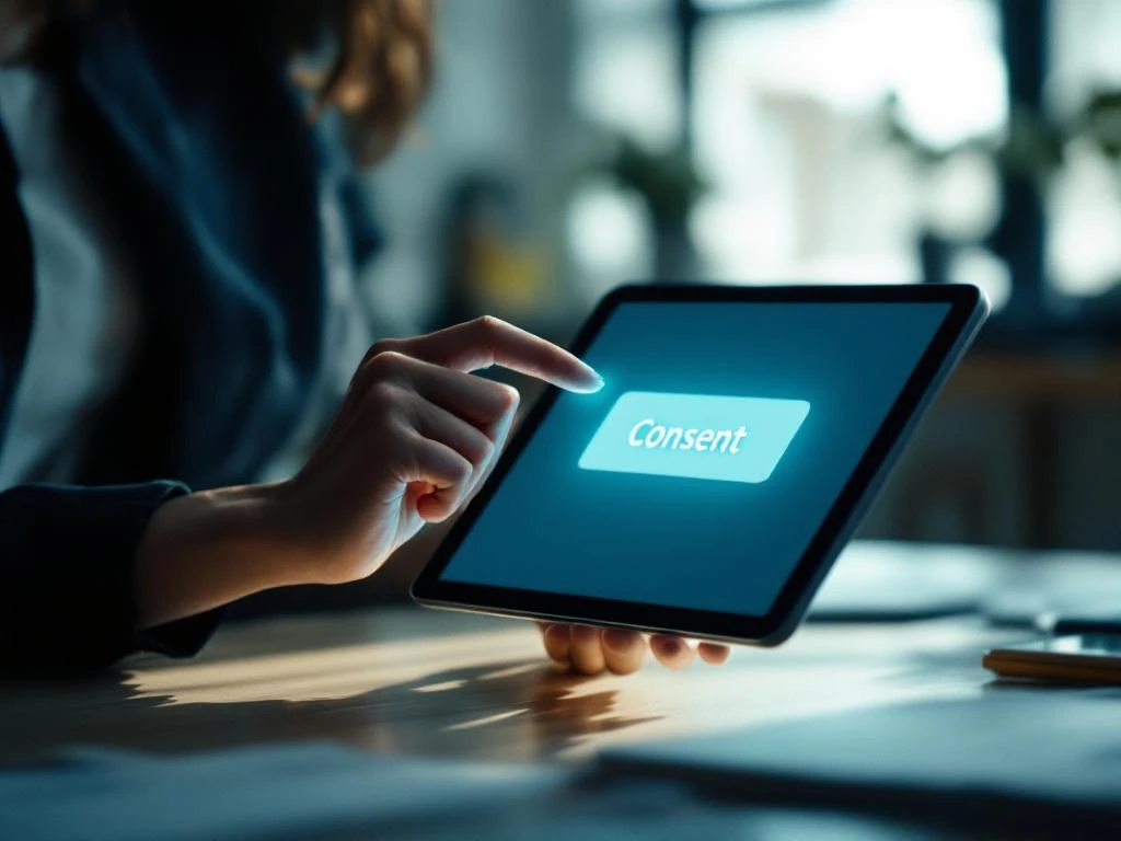 Professional woman's hand hovering over tablet displaying consent dialog box on modern office desk with natural lighting.