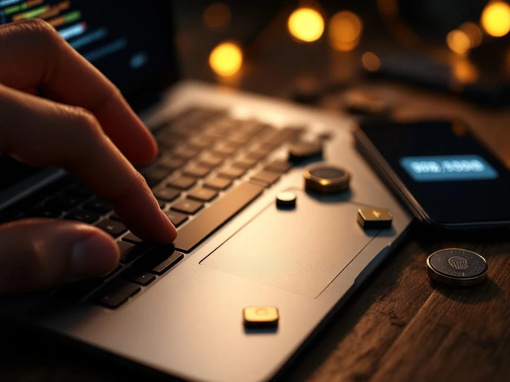 Laptop keyboard with fingerprint security key, authentication tokens, and smartphone showing two-factor code on desk