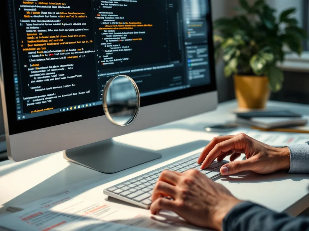 Magnifying glass examining corrupted data on computer screen while hands type corrections on keyboard with marked printouts nearby.