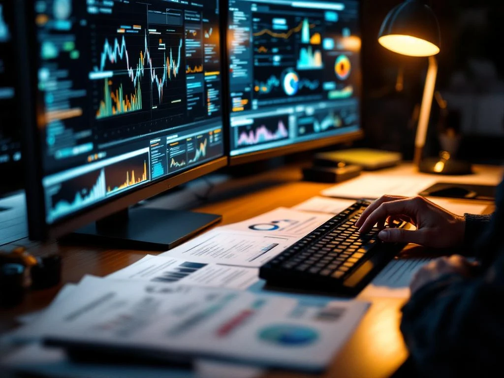 Modern computer workstation with dual monitors showing data visualizations, hands typing, magnifying glass over documents on desk