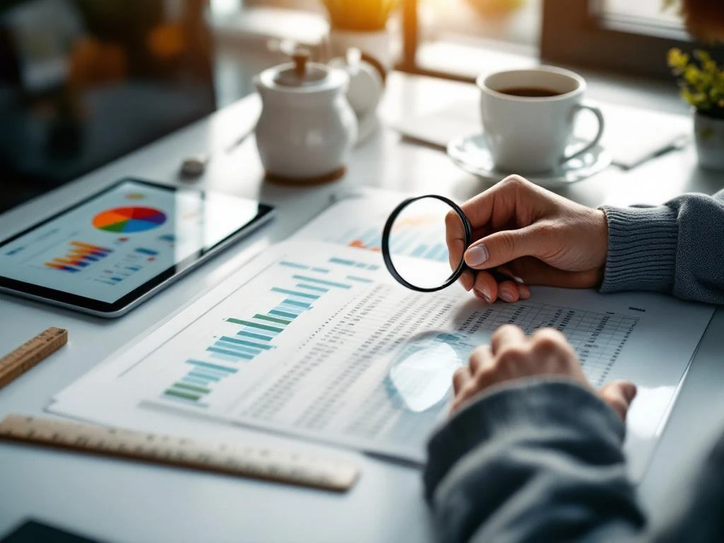 data-analyst-examining-spreadsheet-magnifying-glass.jpg Data analyst examining spreadsheet with magnifying glass, tablet showing charts nearby on white desk with coffee cup