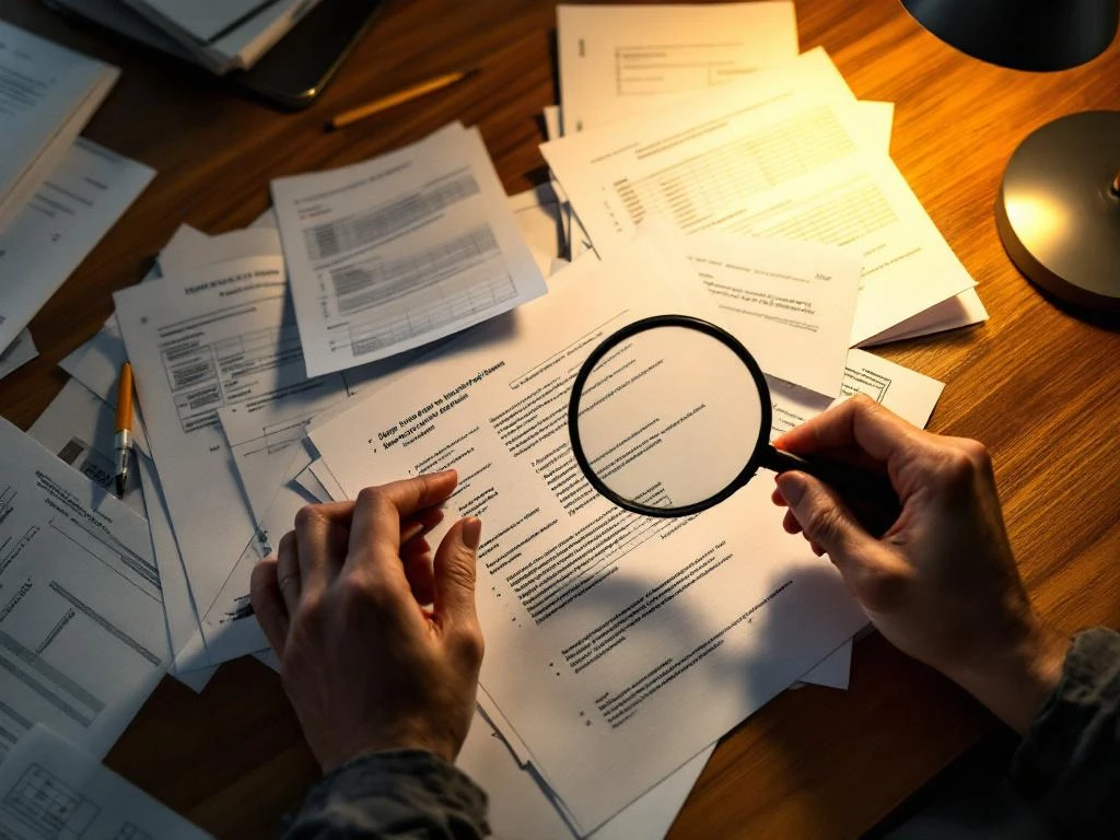 Data analyst reviewing survey forms with magnifying glass on wooden desk, some papers marked with red corrections