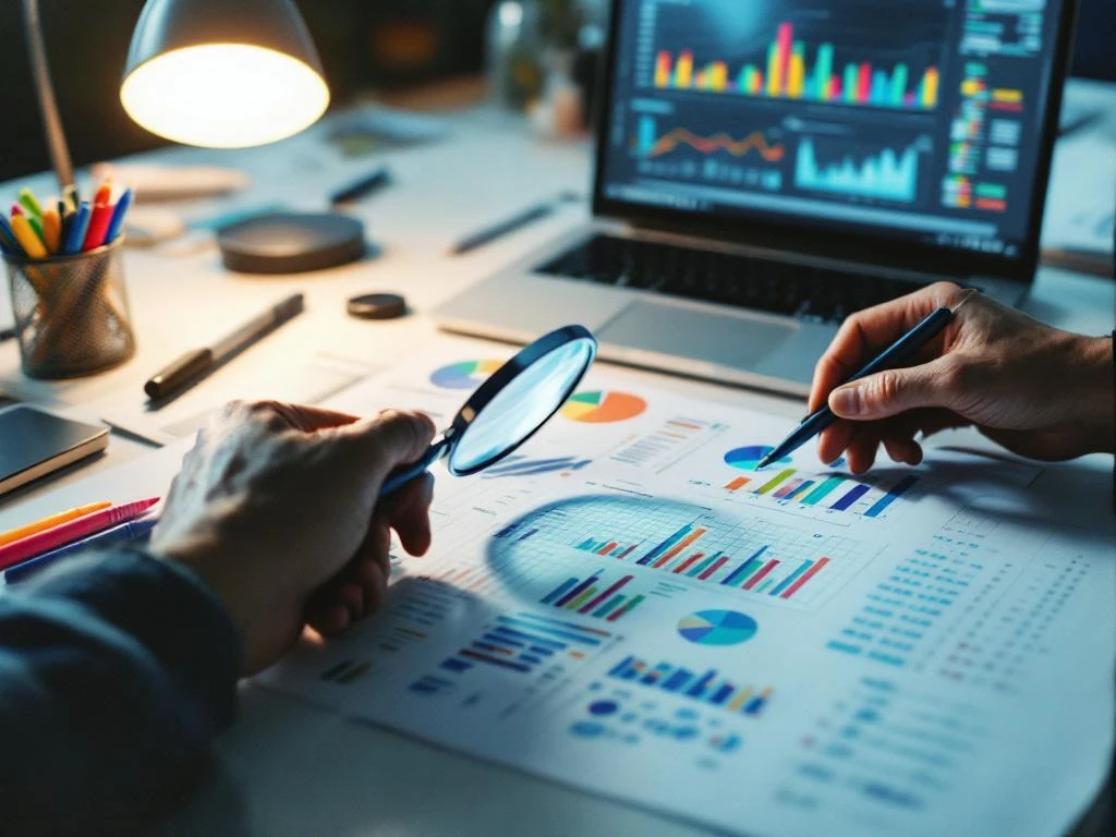 data-analyst-spreadsheet-charts-magnifying-glass.jpg Data analyst comparing printed spreadsheet with laptop charts, magnifying glass and colored pens on desk under warm lighting.
