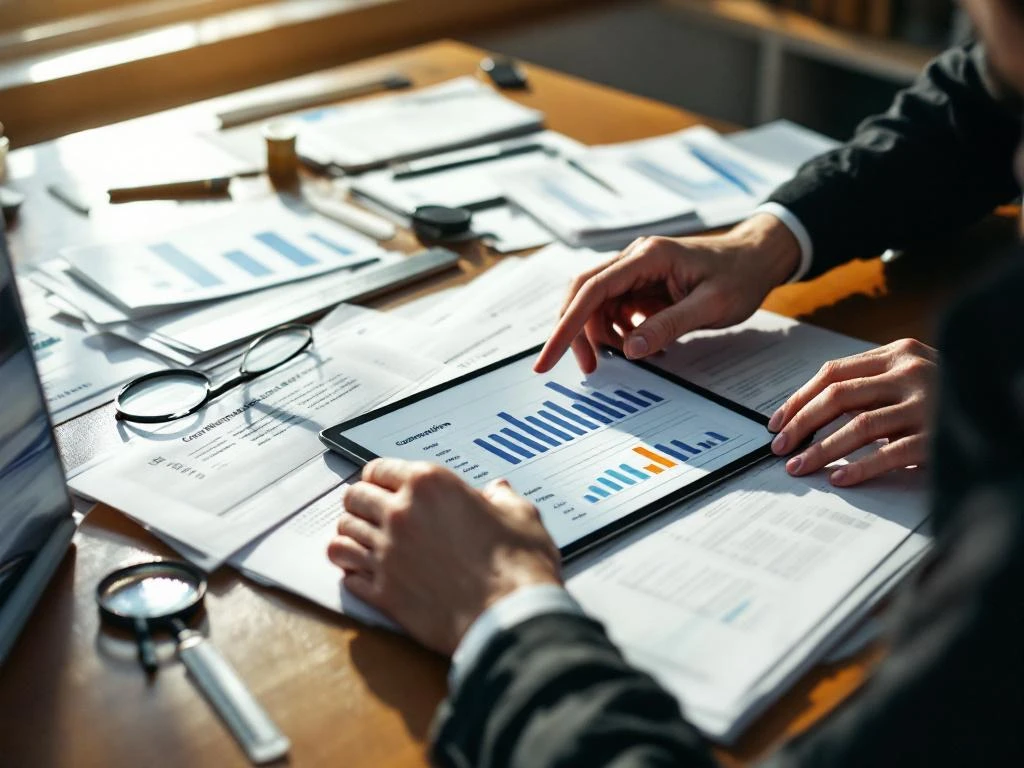 Data analyst organizing survey forms on wooden desk with digital tablet showing completion metrics and measuring tools