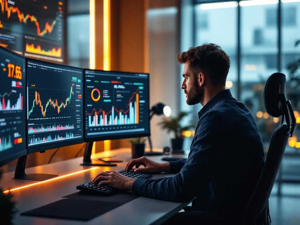 Data analyst working at multi-monitor workstation displaying real-time charts and numerical data streams in modern office