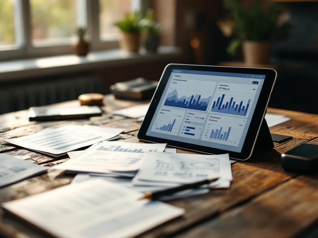 data-analytics-dashboard-tablet-wooden-desk.jpg Modern tablet displaying analytics dashboard on wooden desk with scattered data sheets and documents in natural lighting