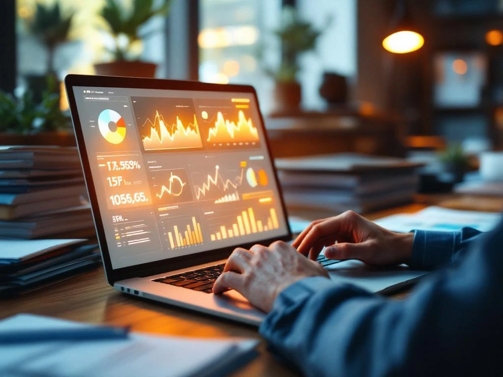Professional typing on laptop displaying data analytics dashboard with business documents on wooden desk in office
