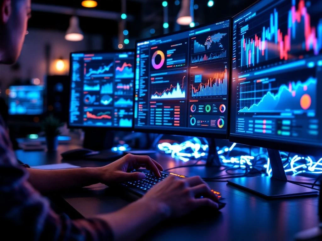Data analyst typing at modern workstation with multiple monitors displaying real-time analytics dashboards and glowing fiber optic cables.