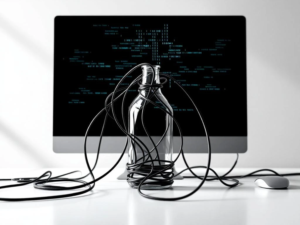 Computer workstation with tangled data cables flowing through glass bottleneck creating network constraint visualization