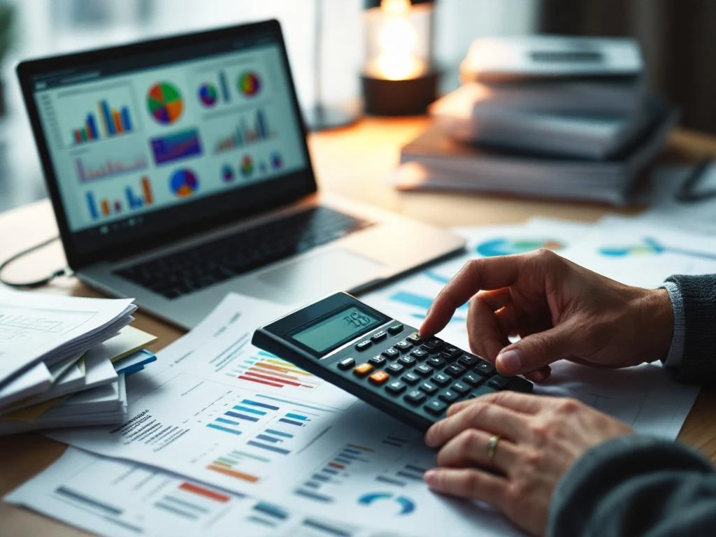 Professional using calculator to review data extraction cost spreadsheets with laptop displaying charts on organized desk