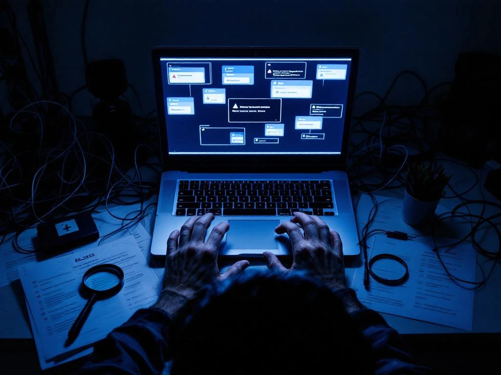 data-extraction-challenges-social-media-access-blocked.jpg Person typing on laptop with social media login screens, error messages, tangled cables, and blocked access symbols on desk.