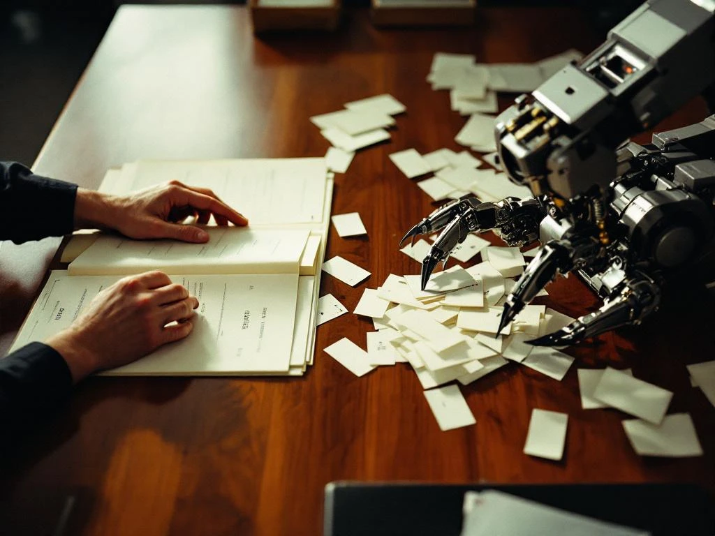 Professional hands organizing labeled data folders on wooden desk while mechanical harvesting device collects scattered documents