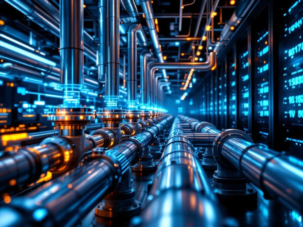 Industrial data pipeline system with steel tubes carrying streams of light through modern server facility with control panel