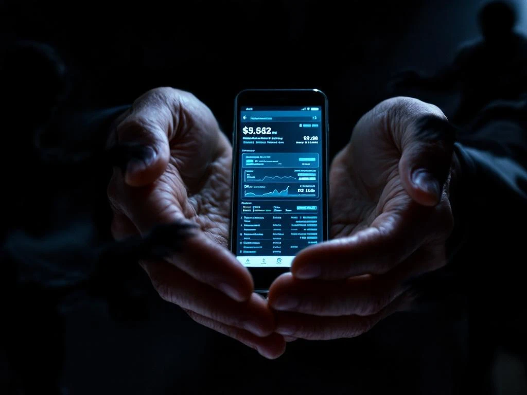 Hands protectively cupping smartphone with personal data while corporate silhouettes reach toward device from shadows