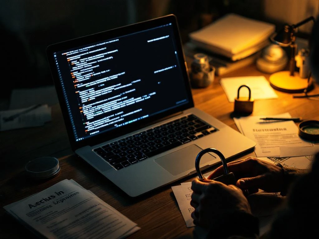 Hands protectively hovering over laptop displaying data streams, with documents, lock, and magnifying glass on desk