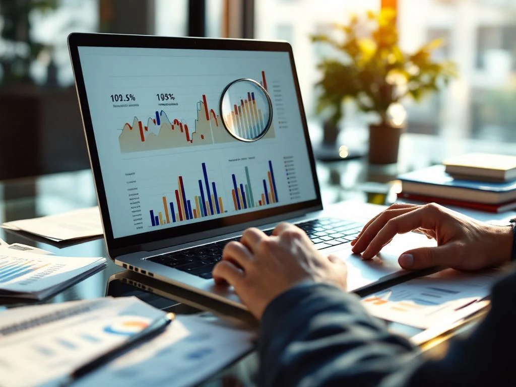 Laptop displaying colorful data visualization charts on glass desk with scattered documents and magnifying glass
