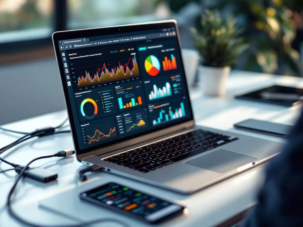 data-visualization-laptop-dashboard-analytics-workspace.jpg Modern laptop displaying colorful data visualization charts with connected cables, smartphone and tablet showing dashboards on desk