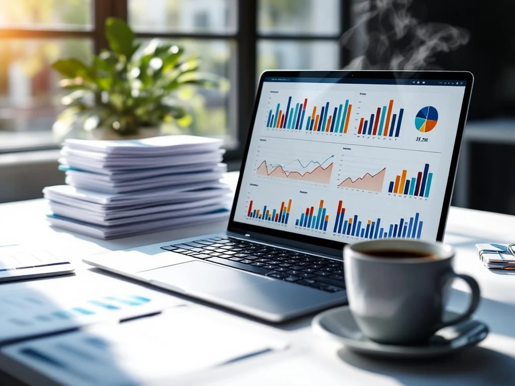 Modern laptop displaying colorful data charts on desk with organized reports, coffee cup, and natural window lighting.