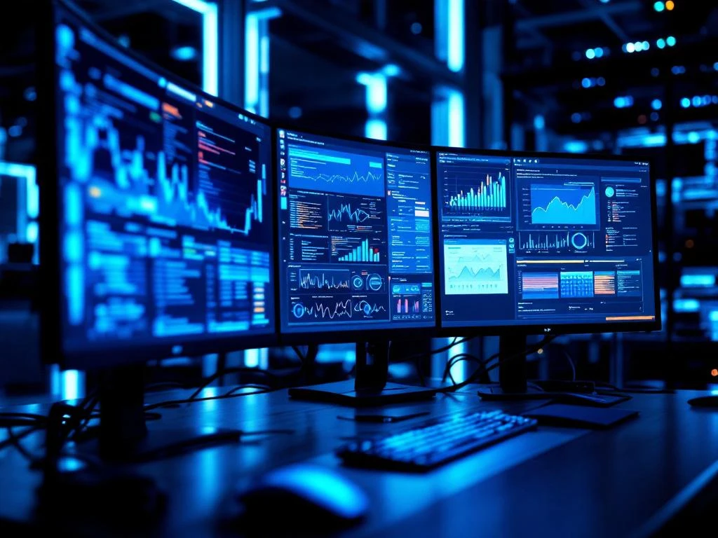Modern computer workstation with multiple monitors displaying data transformation from raw files to organized spreadsheets and visualizations.