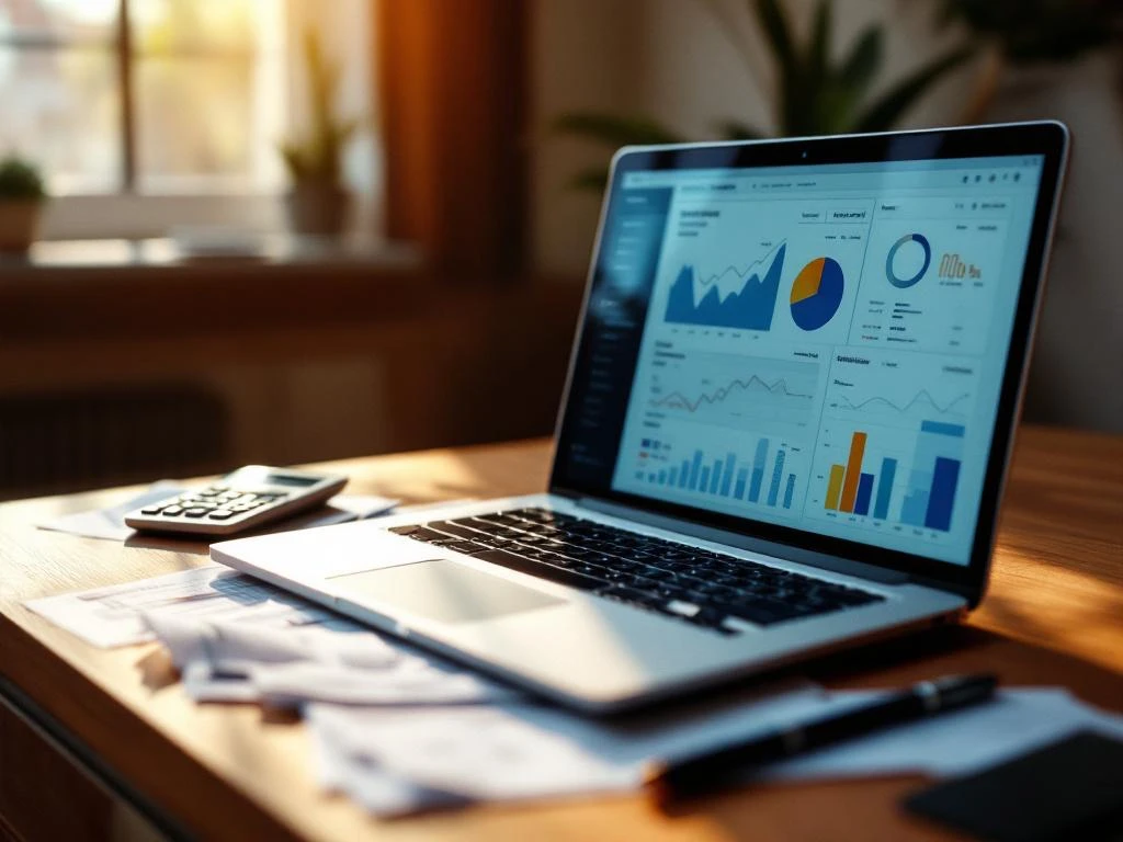 Modern laptop displaying financial charts on wooden desk with scattered paper invoices, calculator, and pen in office setting.
