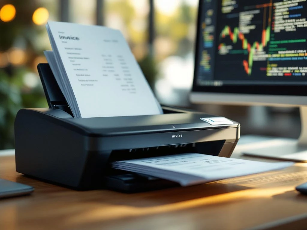 Modern scanner processing handwritten invoices on wooden desk with digital data appearing on computer monitor in background
