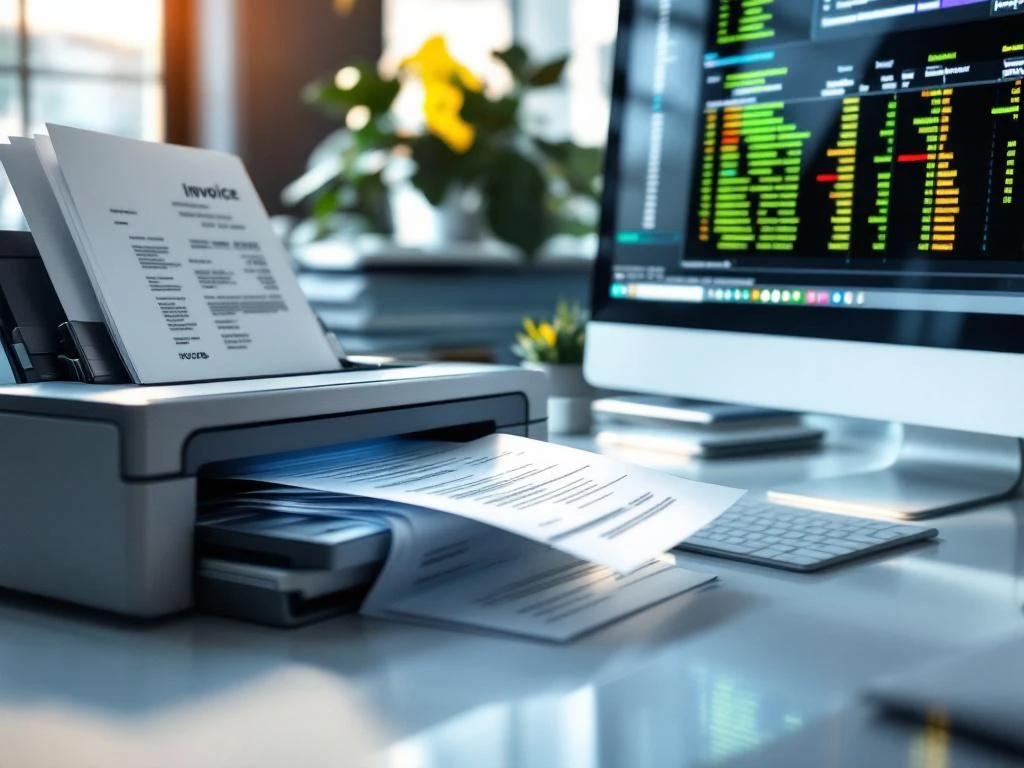 scanner-digitizing-invoices-receipts-office.jpg Modern scanner digitizing invoices and receipts with data streams flowing to computer monitor showing spreadsheet results