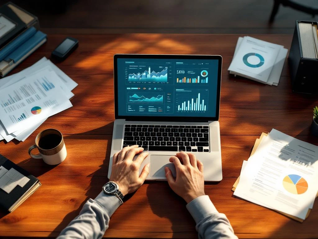 Businessperson typing on laptop displaying data analytics dashboard at mahogany desk with scattered reports and files