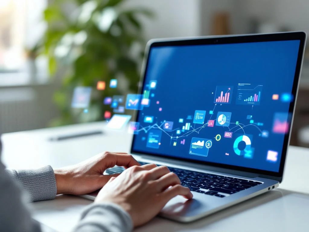 Person typing on laptop displaying Facebook interface with colorful data analytics charts floating from screen