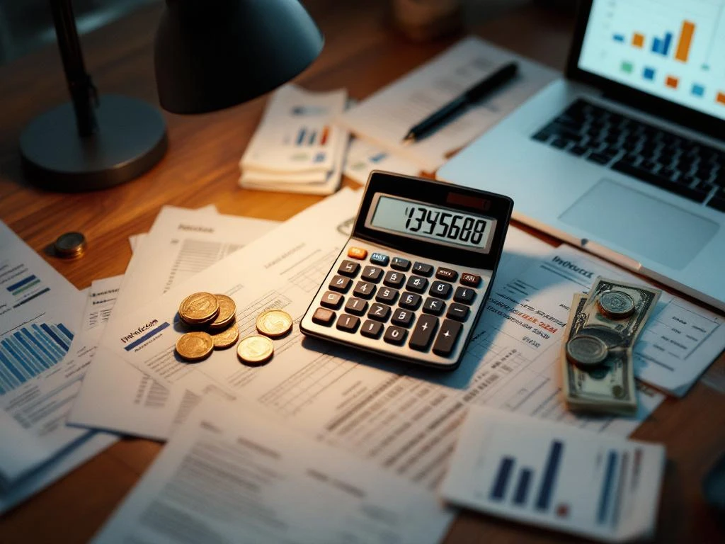Calculator on wooden desk with financial documents, spreadsheets, laptop showing data progress, and scattered money
