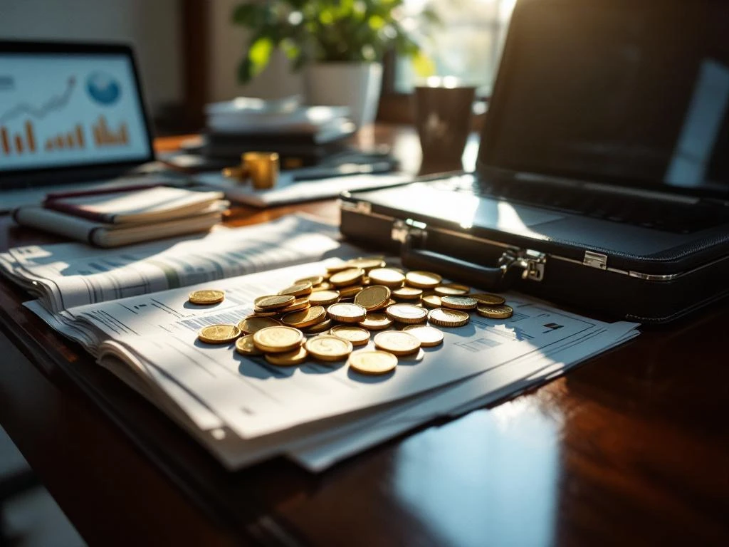 Financial documents with upward trending charts on mahogany desk, laptop displaying data dashboards, coins and bills from briefcase