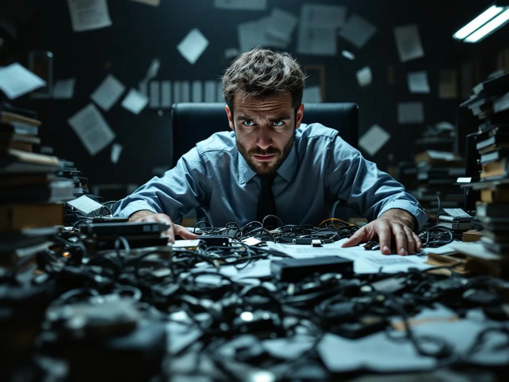 Frustrated office worker at cluttered desk with tangled computer cables, scattered papers, and laptop showing corrupted files.