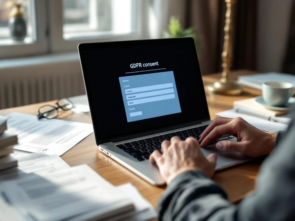 Modern laptop displaying digital consent form on wooden desk with GDPR compliance documents and reading glasses nearby.