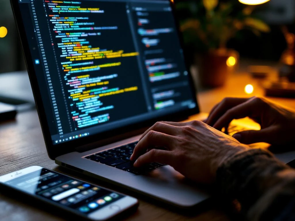 Hands typing on laptop keyboard with code on screen, smartphone displaying website interface on illuminated desk