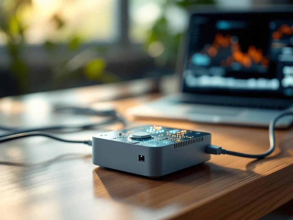 Modern IoT sensor device with LED indicators and circuit patterns on wooden desk connected to laptop displaying data