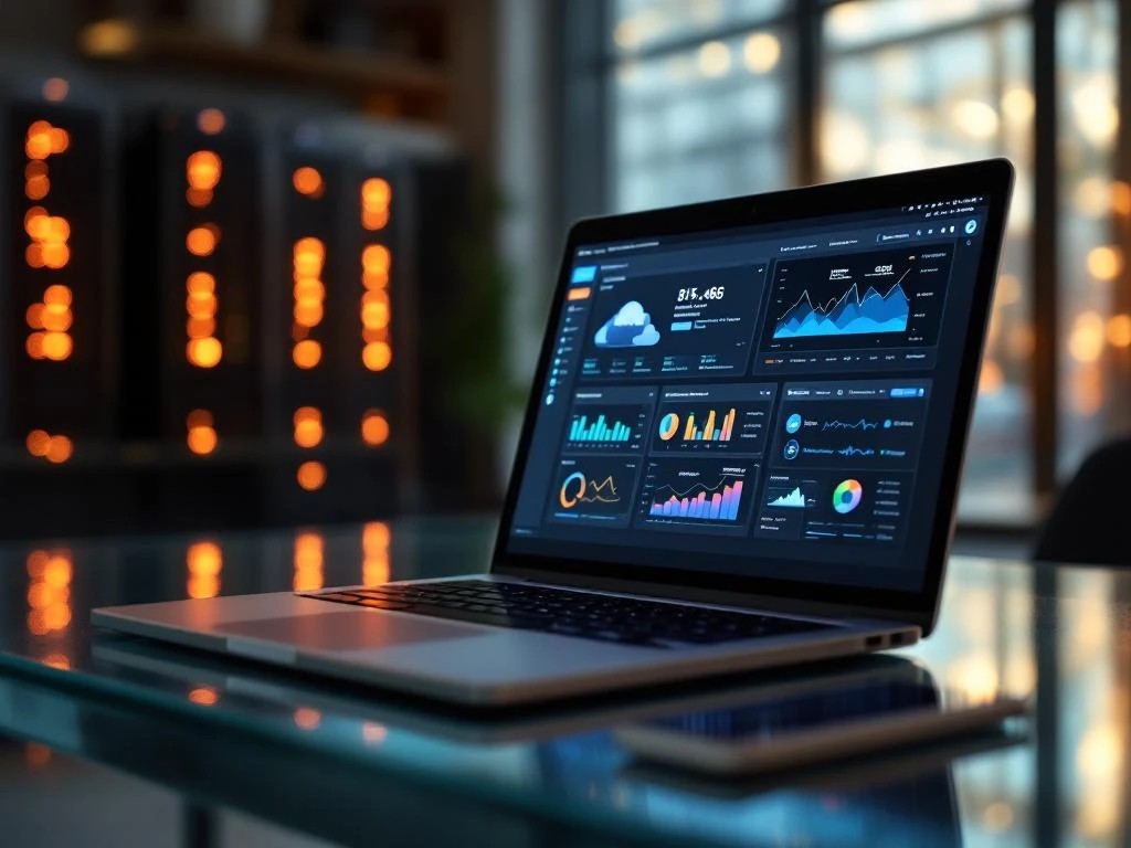 Laptop displaying data analytics dashboards on glass desk with Google Cloud servers in background office setting