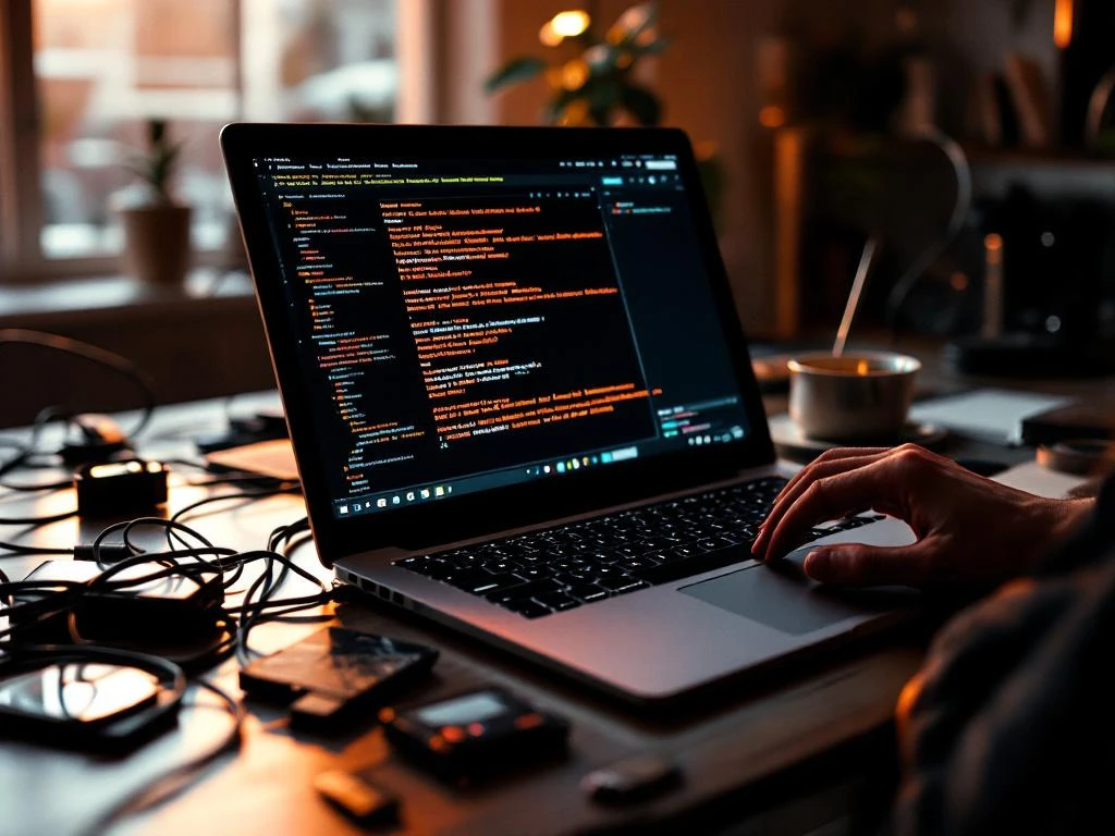 Laptop displaying corrupted data and error symbols on desk with tangled ethernet cables, scattered USB drives, and damaged external hard drive
