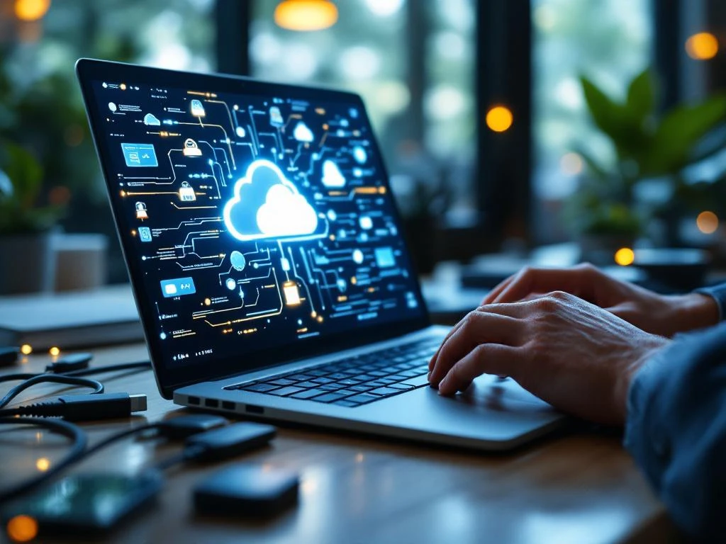 Person typing on laptop displaying data streams and cloud icons with ethernet cables and USB drives on office desk