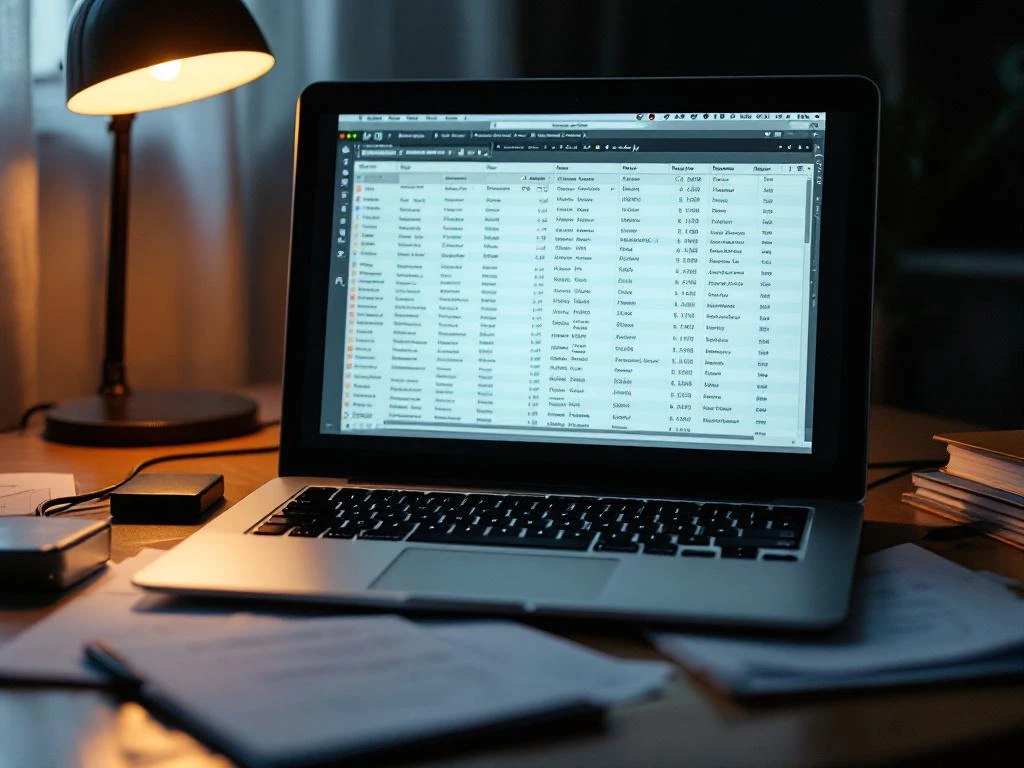 Modern laptop displaying data tables on screen with scattered documents, file folders, and external hard drive on illuminated desk