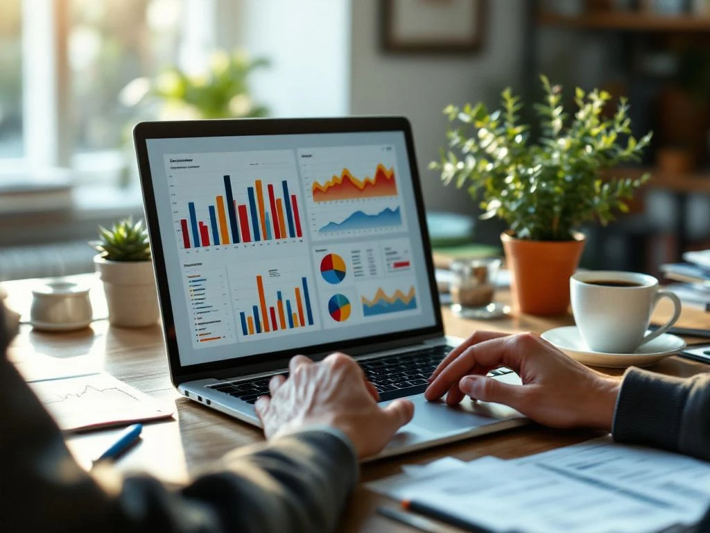 data-visualization-laptop-business-office-workspace.jpg Modern laptop displaying colorful data visualization charts on wooden desk with business documents, coffee mug, and succulent plant