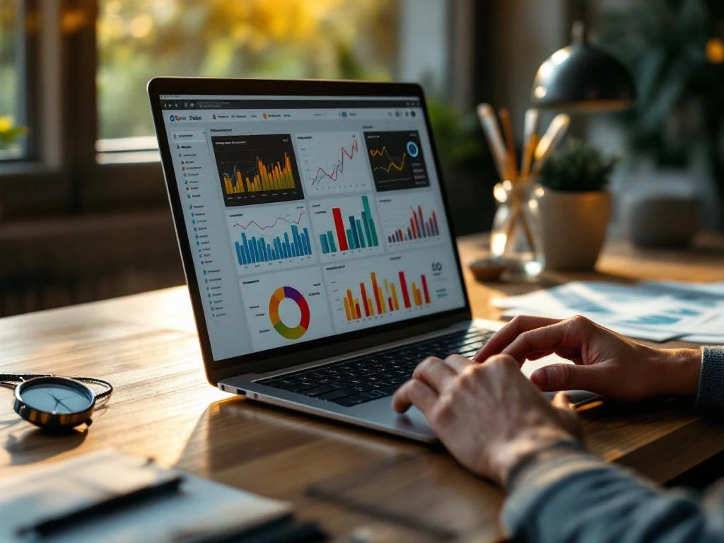 Modern laptop displaying colorful data charts on wooden desk with stopwatch and magnifying glass in warm sunlight