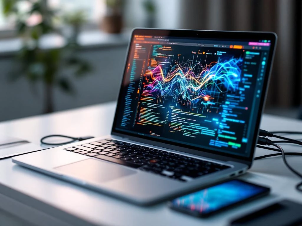 Laptop displaying colorful data visualizations and code with connected cables and smartphone on white desk
