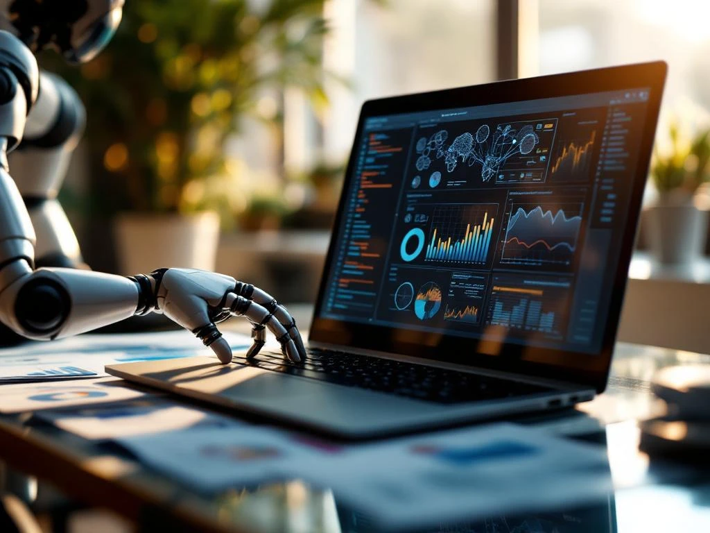 Laptop displaying neural network data visualizations on glass desk with robotic arm examining printed charts and graphs.