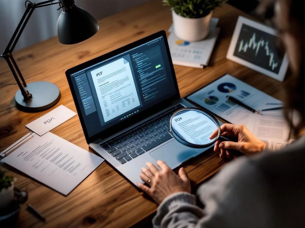 Laptop displaying PDF document with magnifying glass over screen showing data tables, surrounded by printed documents on wooden desk